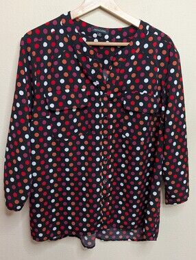 Notations Black Multi-Color‎ Polka Dot Button Front Blouse Size XL Long Sleeve